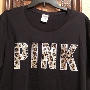 HTF NWOT PINK Victoria’s Secret Top. Gold, black & silver leopard sequined Logo